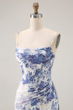 White Blue Corset Floral Sheath Long Bridesmaid Dress with Sit