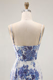 White Blue Corset Floral Sheath Long Bridesmaid Dress with Sit