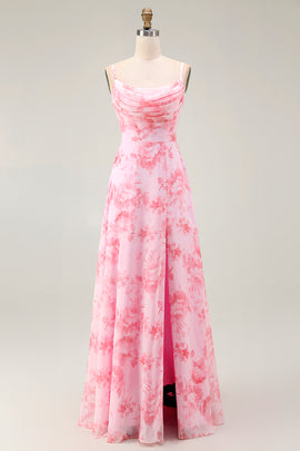 Pink Floral A Line Cowl Neck Long Bridesmaid Dress with Slit