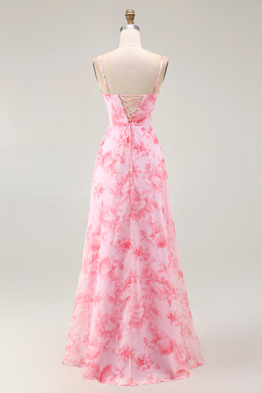 Pink Floral A Line Cowl Neck Long Bridesmaid Dress with Slit