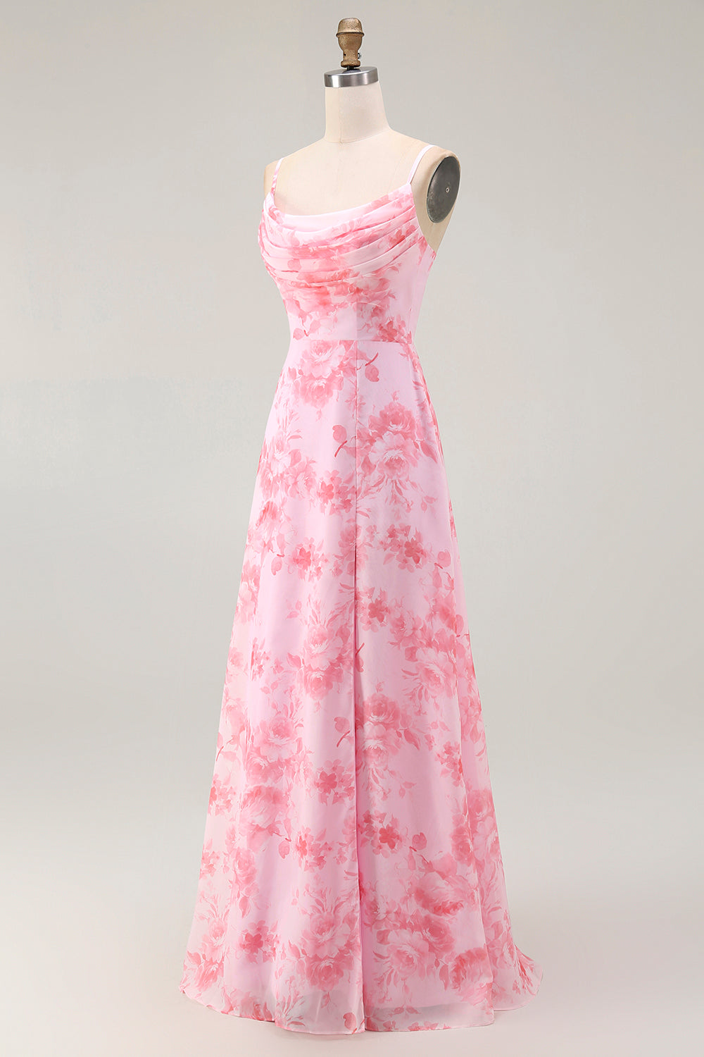 Pink Floral A Line Cowl Neck Long Bridesmaid Dress with Slit