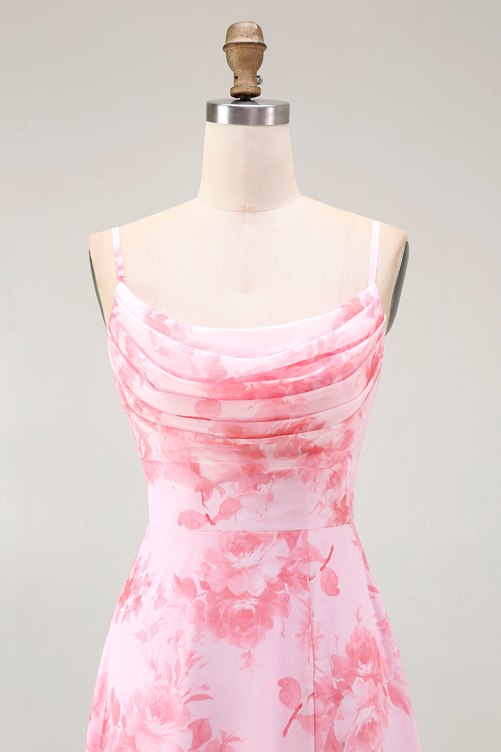 Pink Floral A Line Cowl Neck Long Bridesmaid Dress with Slit