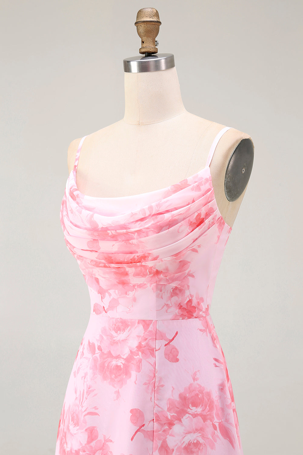 Pink Floral A Line Cowl Neck Long Bridesmaid Dress with Slit