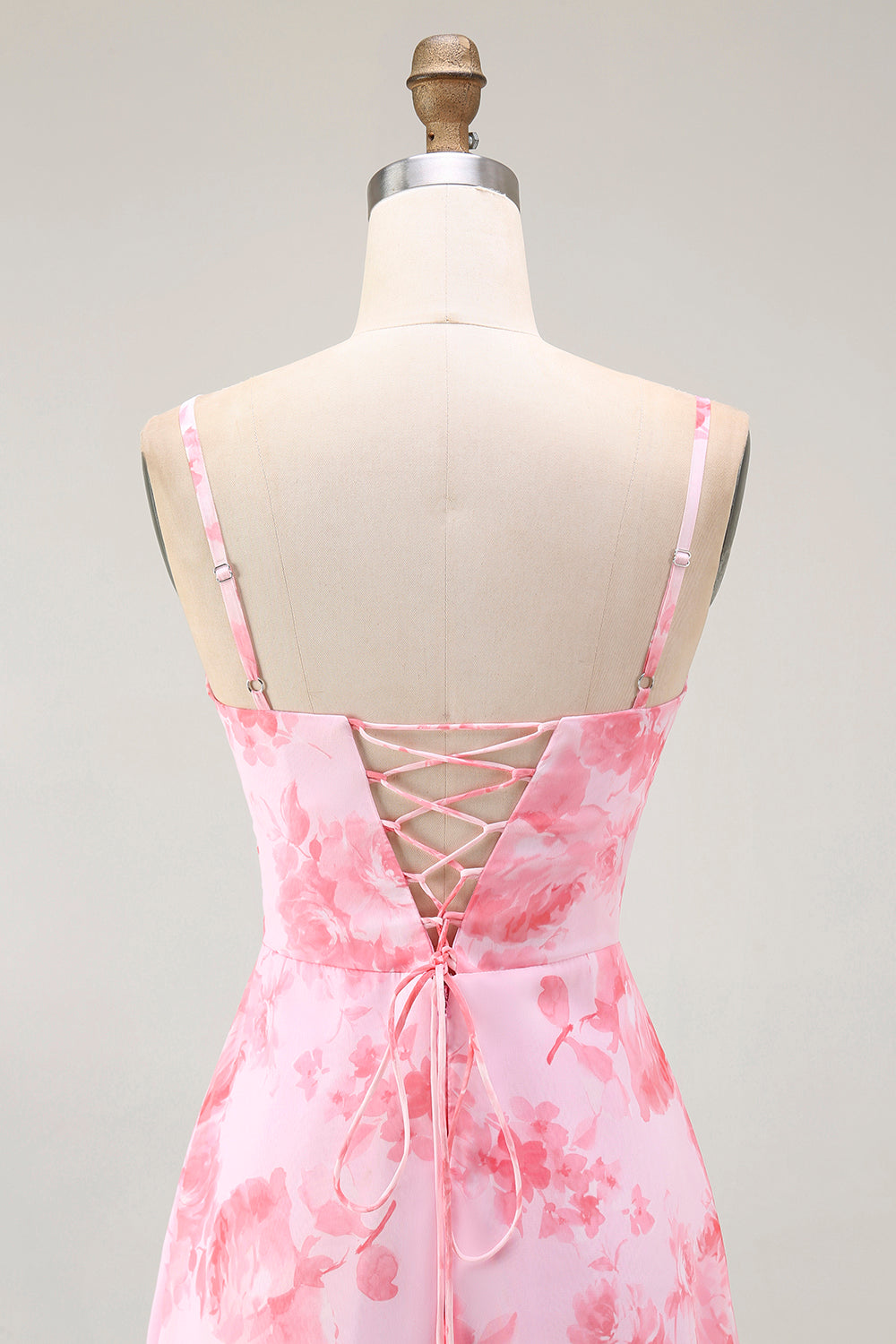 Pink Floral A Line Cowl Neck Long Bridesmaid Dress with Slit