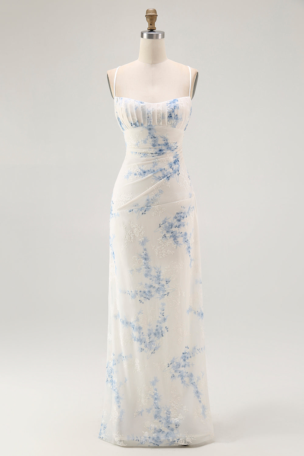 White Blue Floral Spaghetti Straps Sheath Long Bridesmaid Dress