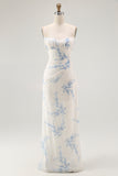 White Blue Floral Spaghetti Straps Sheath Long Bridesmaid Dress