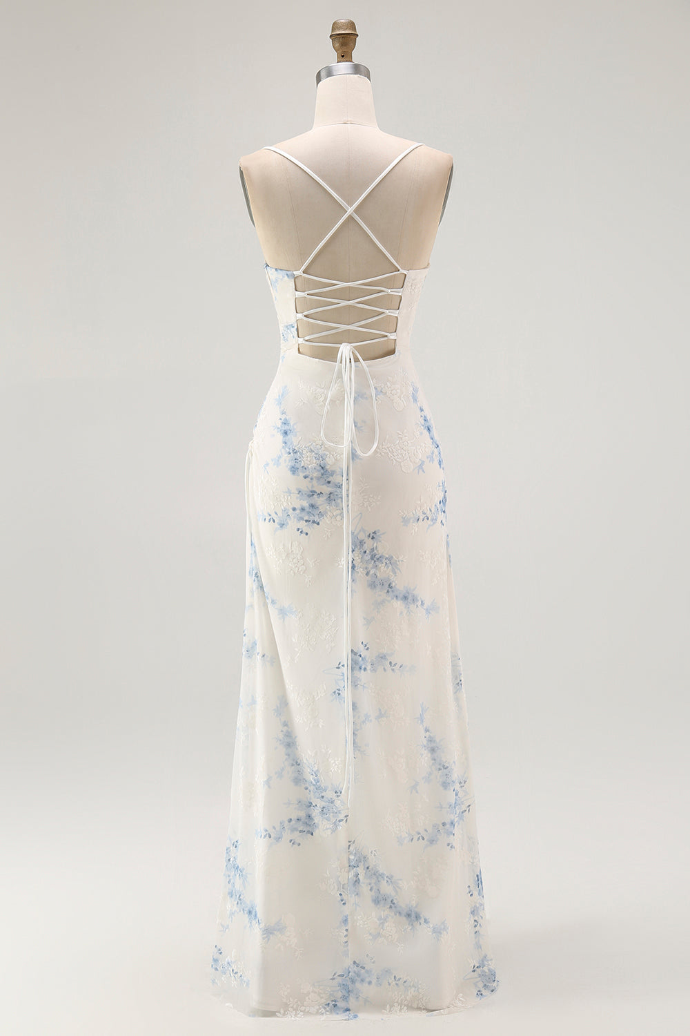 White Blue Floral Spaghetti Straps Sheath Long Bridesmaid Dress
