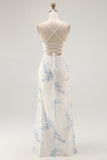 White Blue Floral Spaghetti Straps Sheath Long Bridesmaid Dress