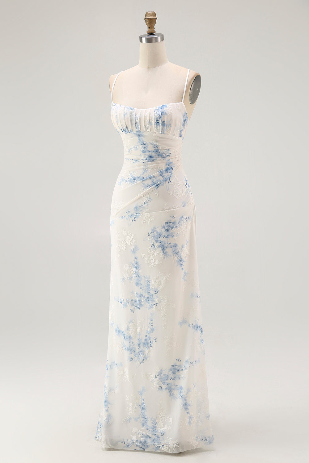 White Blue Floral Spaghetti Straps Sheath Long Bridesmaid Dress