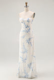 White Blue Floral Spaghetti Straps Sheath Long Bridesmaid Dress