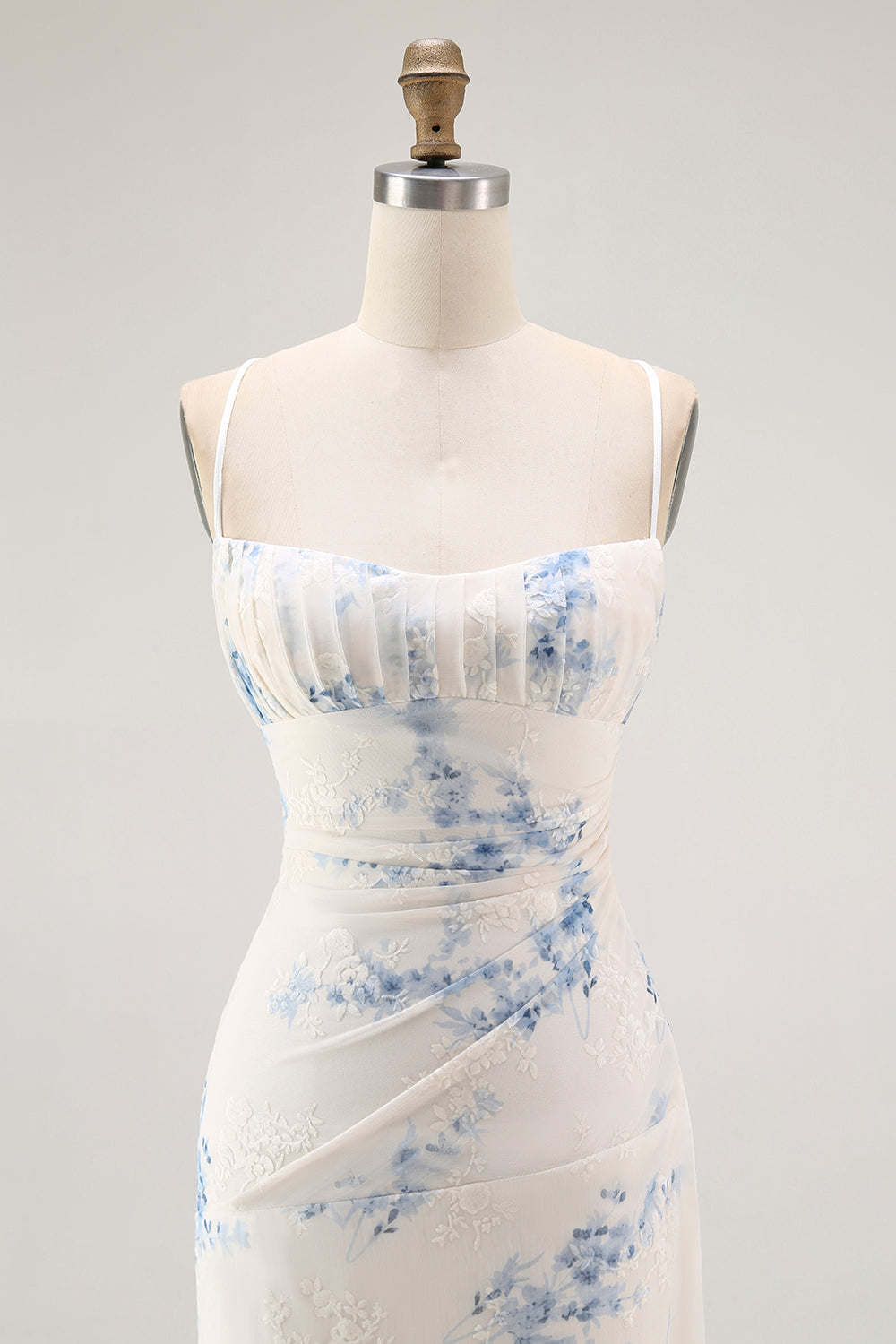 White Blue Floral Spaghetti Straps Sheath Long Bridesmaid Dress