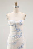 White Blue Floral Spaghetti Straps Sheath Long Bridesmaid Dress