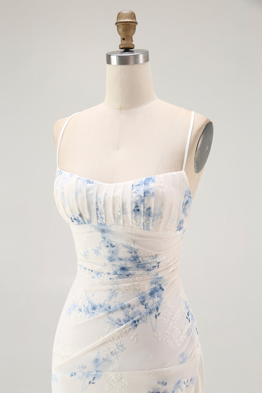 White Blue Floral Spaghetti Straps Sheath Long Bridesmaid Dress