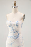 White Blue Floral Spaghetti Straps Sheath Long Bridesmaid Dress