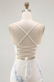 White Blue Floral Spaghetti Straps Sheath Long Bridesmaid Dress