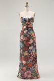 Black Sheath Floral Spaghetti Straps Long Wedding Guest Dress