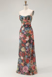Black Sheath Floral Spaghetti Straps Long Wedding Guest Dress