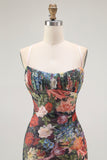 Black Sheath Floral Spaghetti Straps Long Wedding Guest Dress