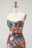 Black Sheath Floral Spaghetti Straps Long Wedding Guest Dress
