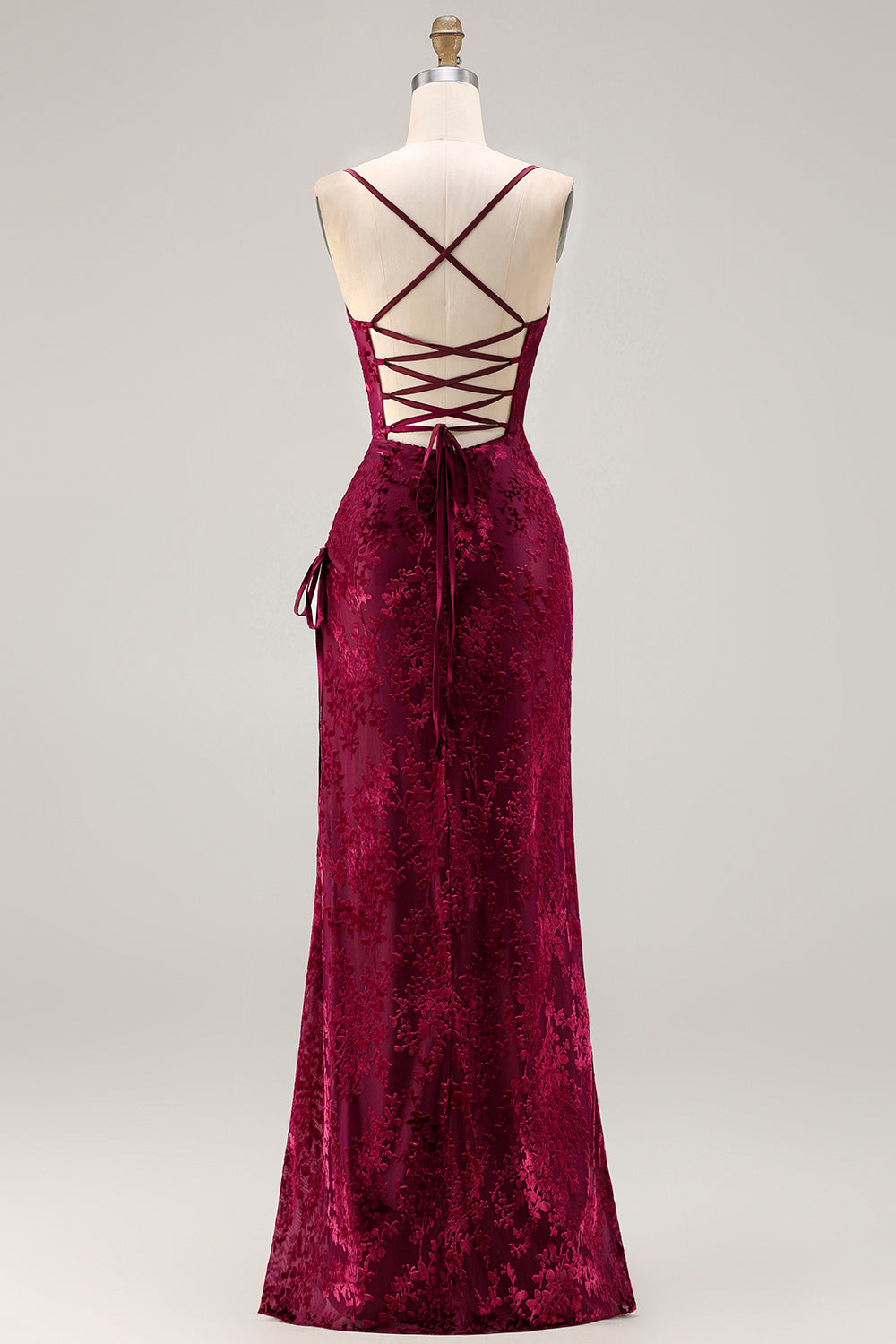 ZAPAKA Women Dark Green Long Prom Dress Spaghetti Straps Burnout Velvet Bridesmaid Dress, Burgundy / US16W