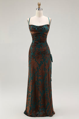 Dark Green Spaghetti Straps Sheath Long Velvet Bridesmaid Dress