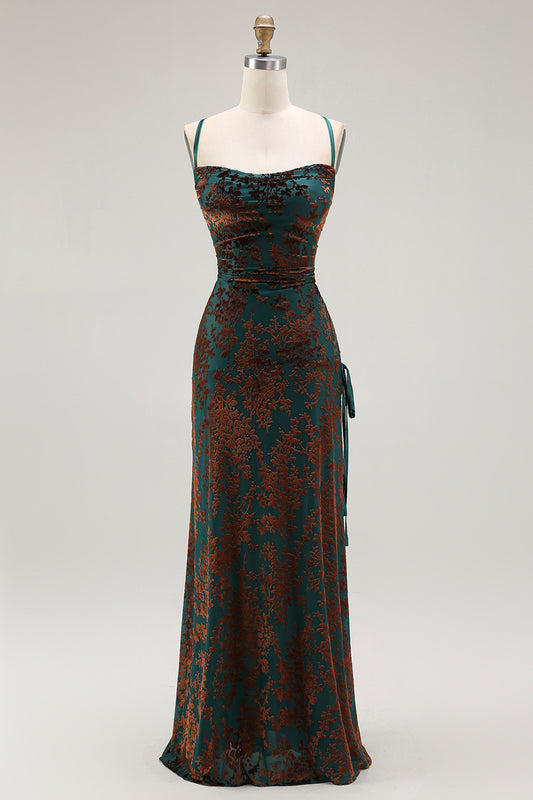 Dark Green Spaghetti Straps Sheath Long Velvet Bridesmaid Dress