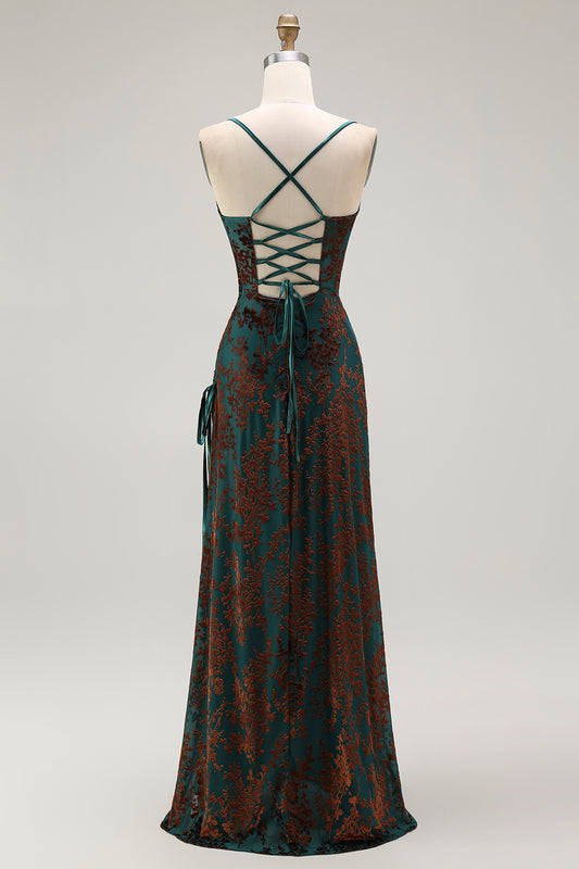 Dark Green Spaghetti Straps Sheath Long Velvet Bridesmaid Dress