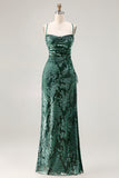 Dark Green Sheath Velvet Spaghetti Straps Long Bridesmaid Dress