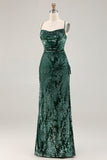 Dark Green Sheath Velvet Spaghetti Straps Long Bridesmaid Dress