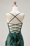 Dark Green Sheath Velvet Spaghetti Straps Long Bridesmaid Dress