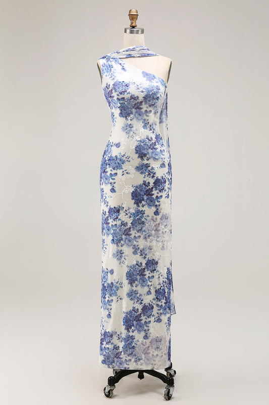 Blue Floral Neck Scarf Sheath Long Bridesmaid Dress
