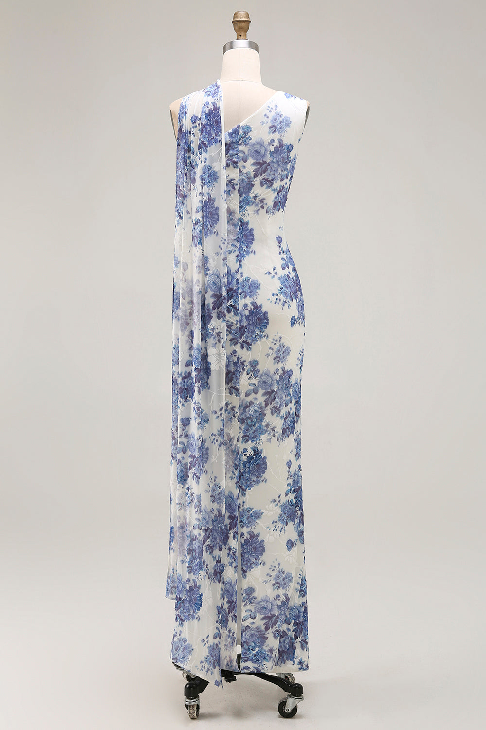 Blue Floral Neck Scarf Sheath Long Bridesmaid Dress