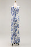 Blue Floral Neck Scarf Sheath Long Bridesmaid Dress
