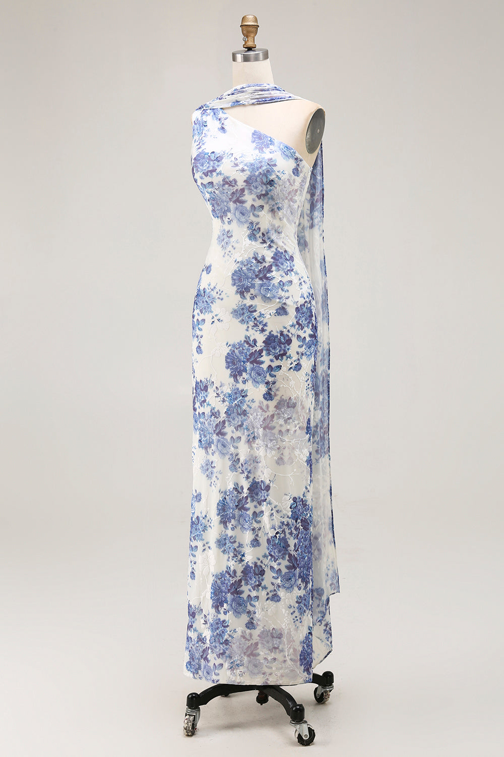 Blue Floral Neck Scarf Sheath Long Bridesmaid Dress
