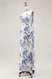 Blue Floral Neck Scarf Sheath Long Bridesmaid Dress