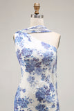 Blue Floral Neck Scarf Sheath Long Bridesmaid Dress