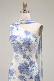 Blue Floral Neck Scarf Sheath Long Bridesmaid Dress