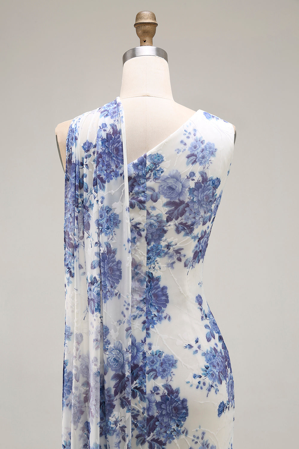 Blue Floral Neck Scarf Sheath Long Bridesmaid Dress