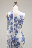 Blue Floral Neck Scarf Sheath Long Bridesmaid Dress