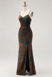 Dark Green Mermaid Spaghetti Straps Long Velvet Wedding Guest Dress with Slit
