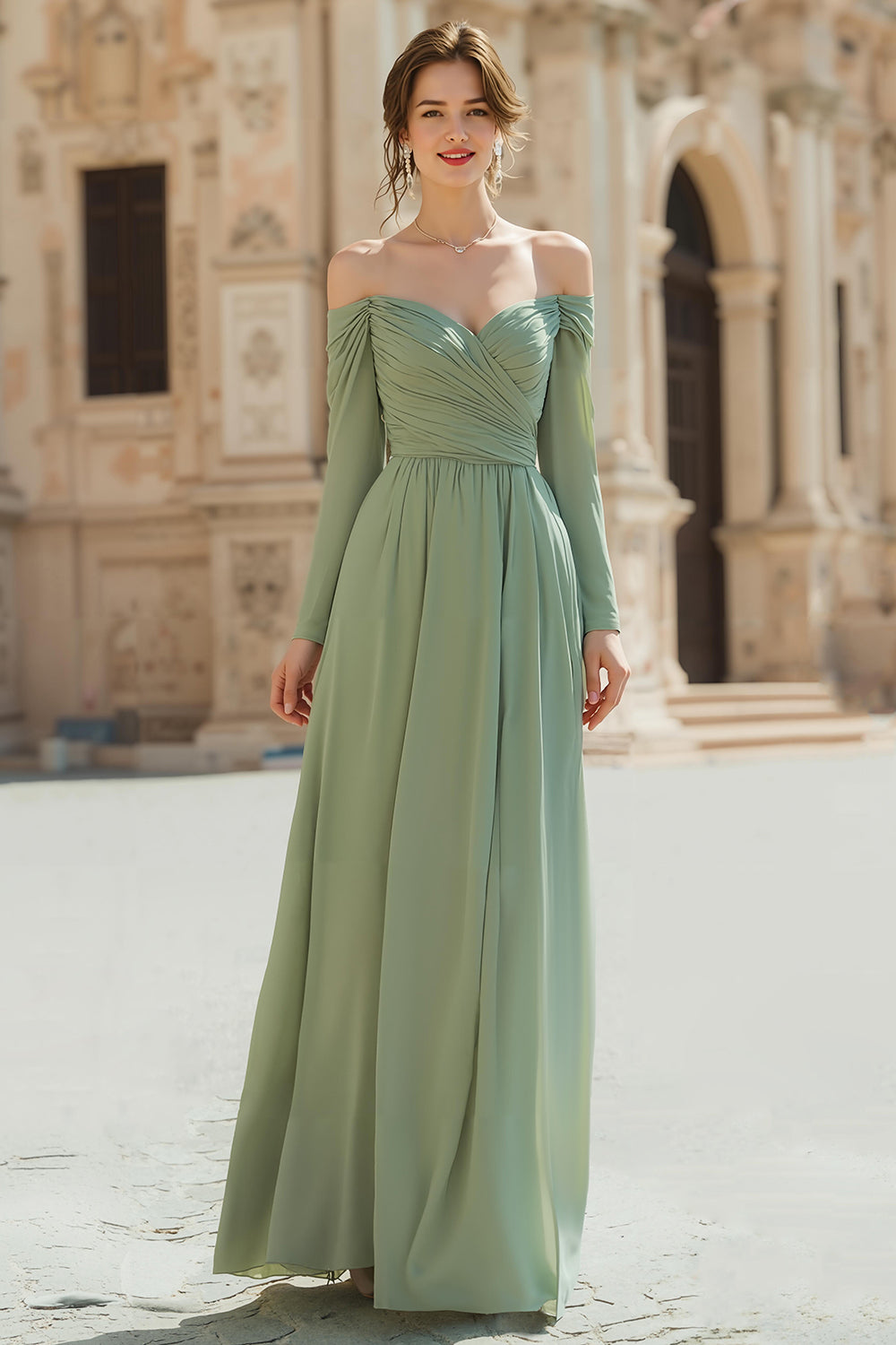 Zapaka Women Sage Green Chiffon Long Sleeves Bridesmaid Dress Ruched A Line Off The Shoulder Wedding Guest Dress, Sage / US20W