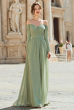 Sage Green Off the Shoulder Chiffon A-Line Long Bridesmaid Dress with Sleeves