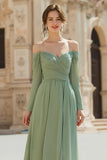 Sage Green Off the Shoulder Chiffon A-Line Long Bridesmaid Dress with Sleeves
