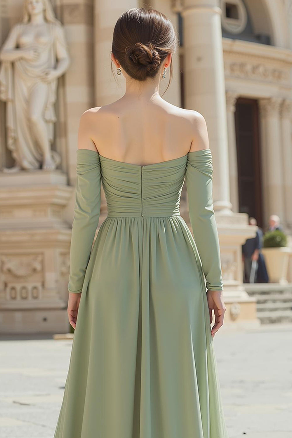 Zapakasa Women Sage Green Chiffon A-Line Long Bridesmaid Dress Off the Shoulder Long Sleeves Wedding Guest Dress Zapakasa Women Sage Green Chiffon A-Line Long Bridesmaid Dress Off the Shoulder Long Sleeves Wedding Guest Dress