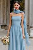 Dusty Blue Strapless Neck Scarf Chiffon A-Line Long Bridesmaid Dress