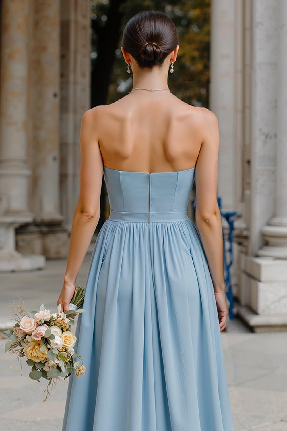 Dusty Blue Strapless Neck Scarf Chiffon A-Line Long Bridesmaid Dress