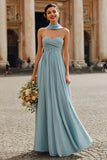 Dusty Blue Sweetheart Chiffon Ruched A-Line Long Bridesmaid Dress