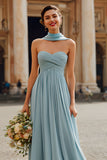 Dusty Blue Sweetheart Chiffon Ruched A-Line Long Bridesmaid Dress