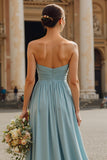 Dusty Blue Sweetheart Chiffon Ruched A-Line Long Bridesmaid Dress