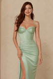 Dusty Sage Spaghetti Straps Satin Mermaid Long Bridesmaid Dress with Slit